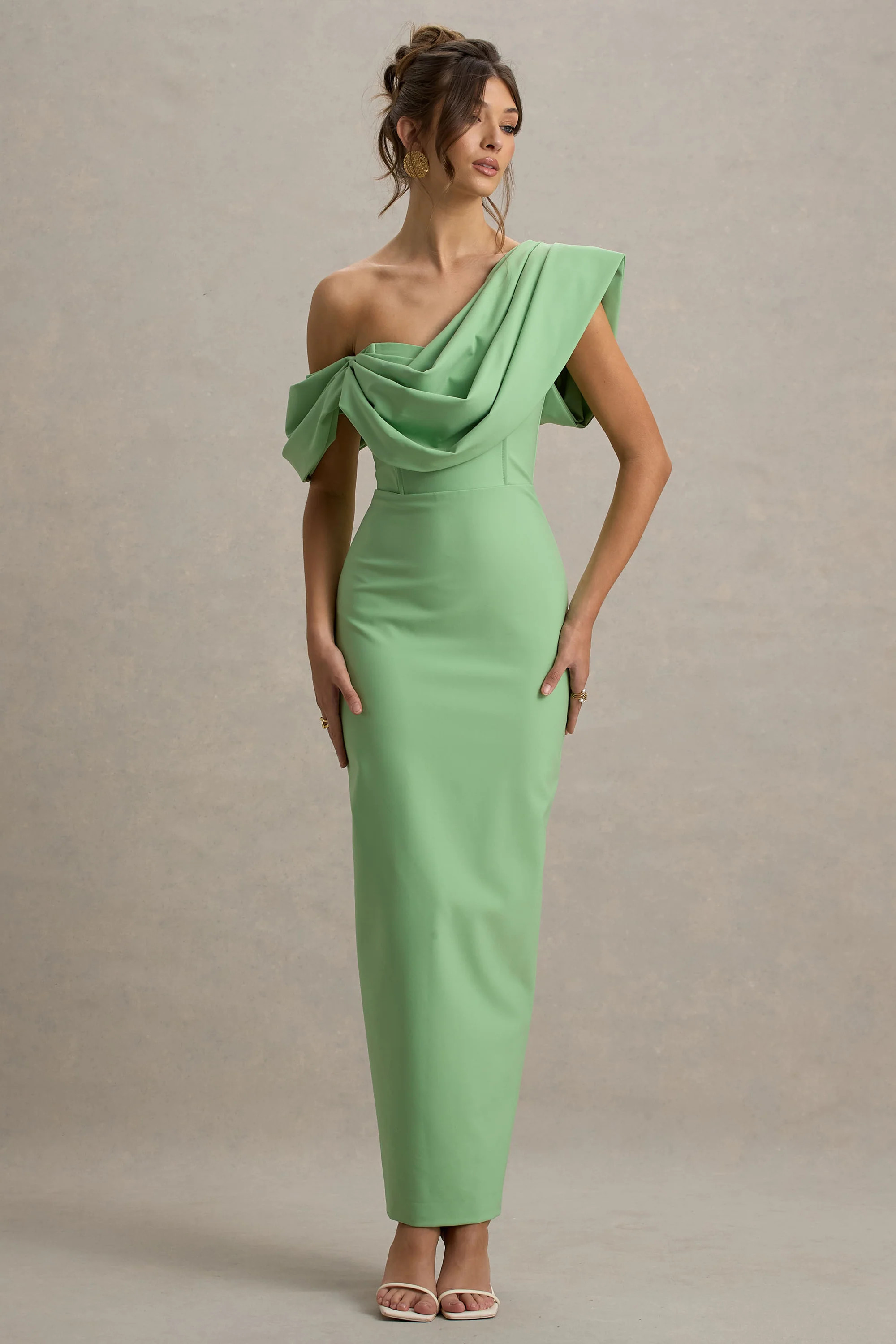 Angelina | Green Draped Shoulder Maxi Dress | Club L London