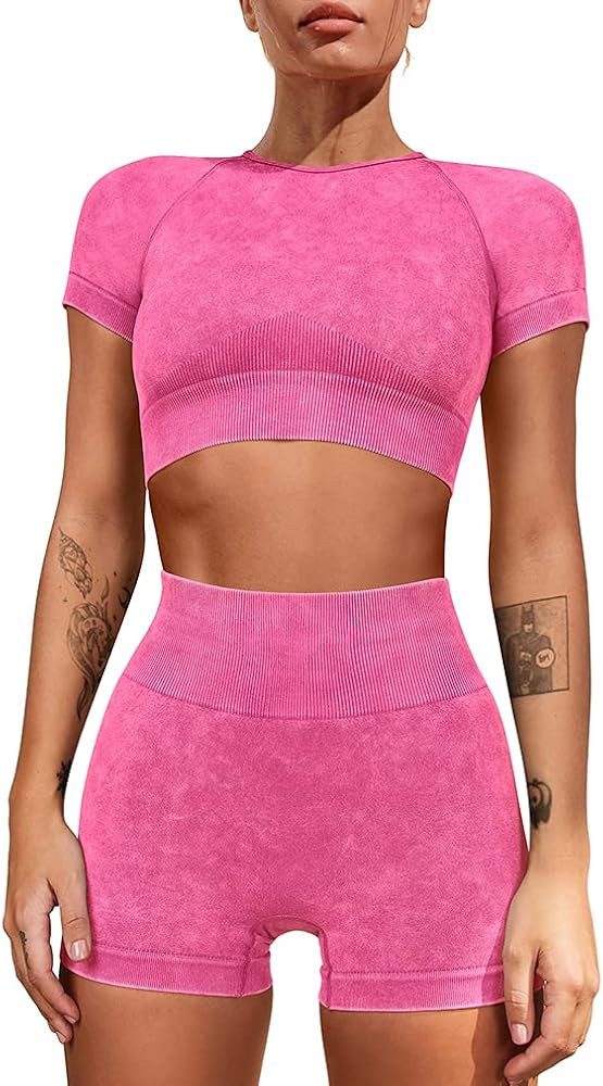 LNSK Women's Workout Outfits 2 Piece High Waist Running Shorts Seamless Gym Clothes Yoga Sportwear C | Amazon (US)