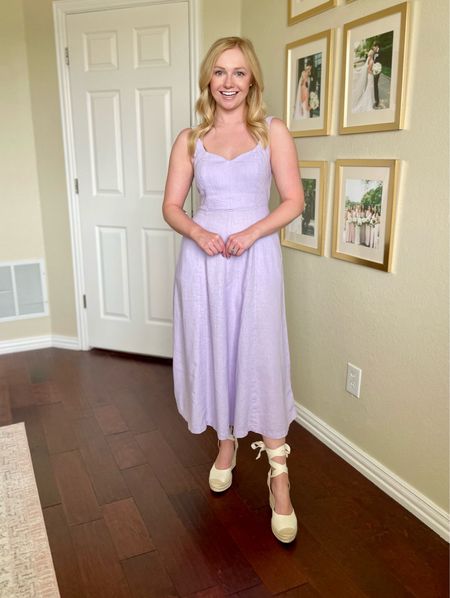 Wearing an XS regular, but could definitely use petite! Slightly big in the top | lavender dress, sundress, purple dress, midi dress, Easter dress, Easter outfit, spring dress, petite dress 

#LTKstyletip #LTKSeasonal #LTKfindsunder50
