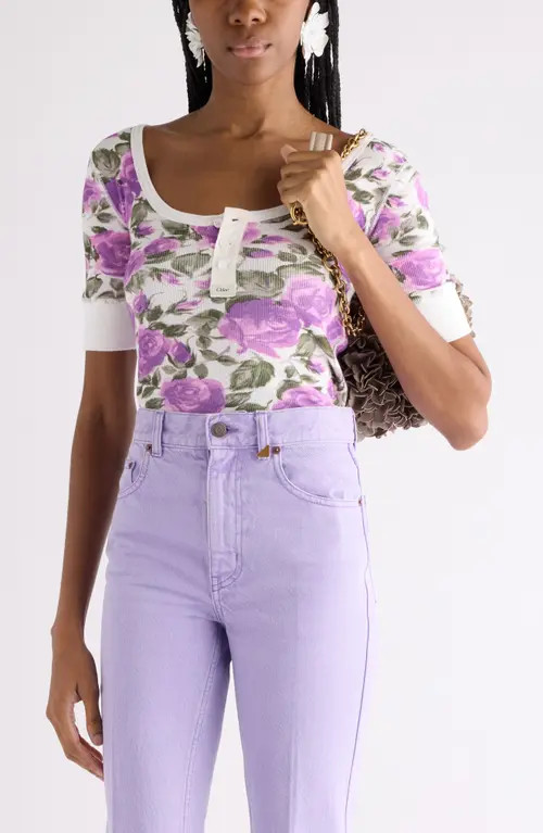 Chloé Rose Print Rib Jersey Henley in White - Purple at Nordstrom, Size Medium | Nordstrom