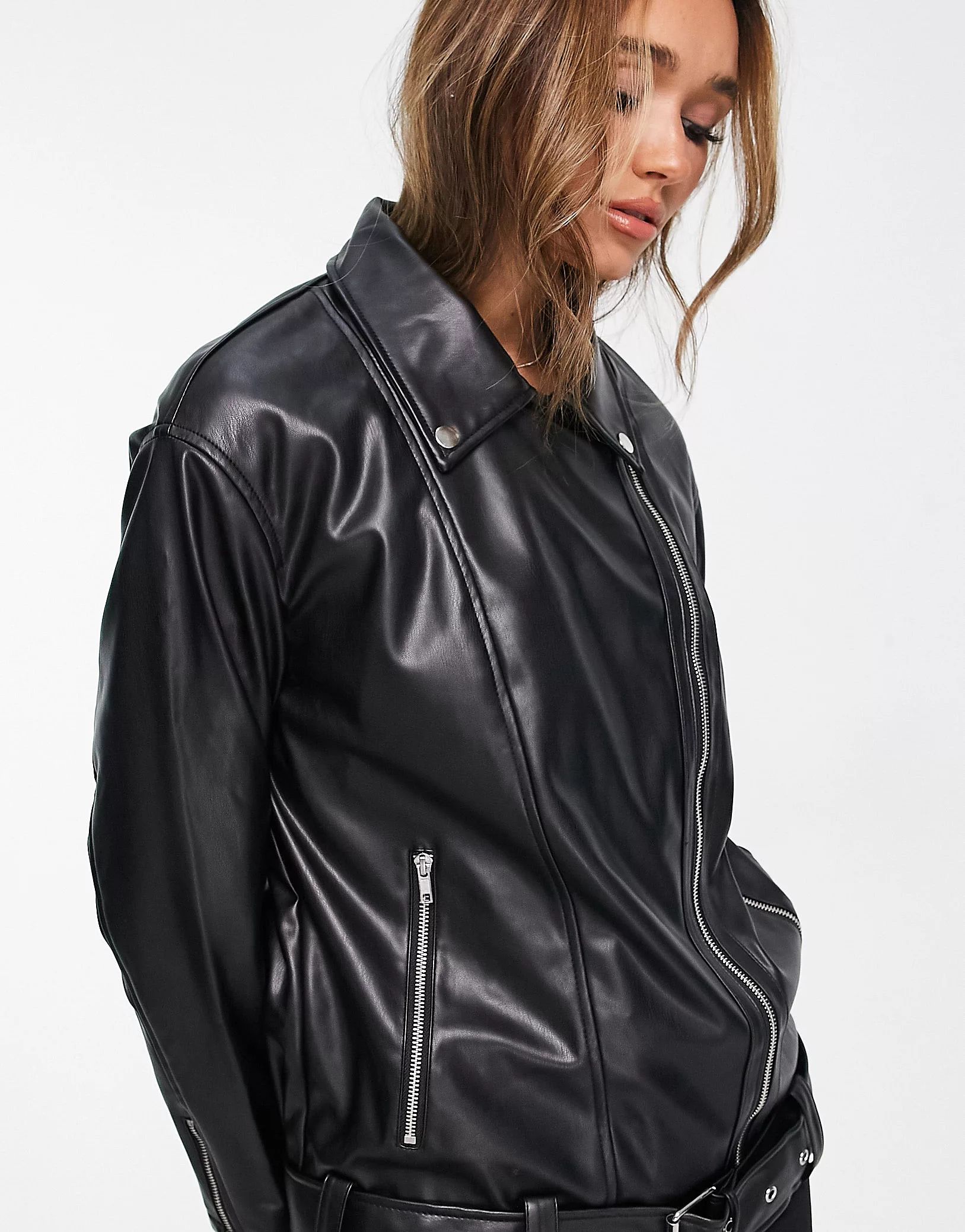 ASOS DESIGN longline oversized faux leather moto jacket in black | ASOS (Global)