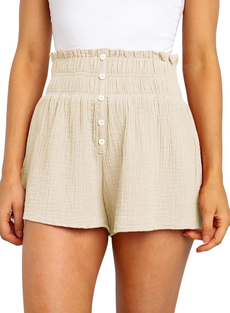 Dokotoo Womens Casual Summer Smocked Elastic Waist Comfy Button Detail Beach Shorts | Amazon (US)