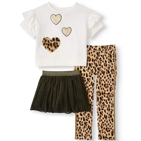 Heart Drop Shoulder T- Shirt, Taped Cheetah Print Pant & Mesh Skort, 3-Piece Outfit Set (Little G... | Walmart (US)