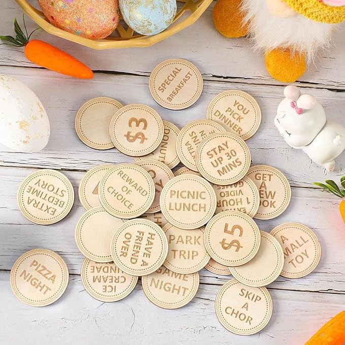 Wooden Easter Egg Tokens,24pcs Wood Easter Reward Tokens,Funny Kids Easter Egg Fillers,Easter Pri... | Amazon (US)