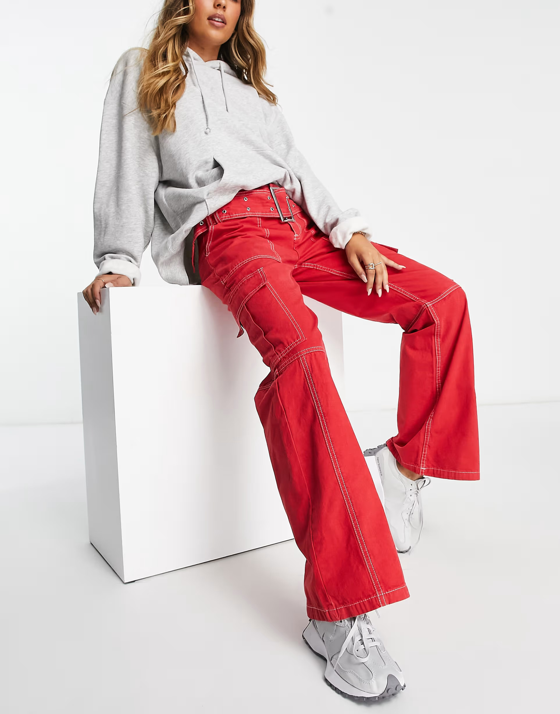 ASOS DESIGN belted cargo flare pants in red | ASOS (Global)