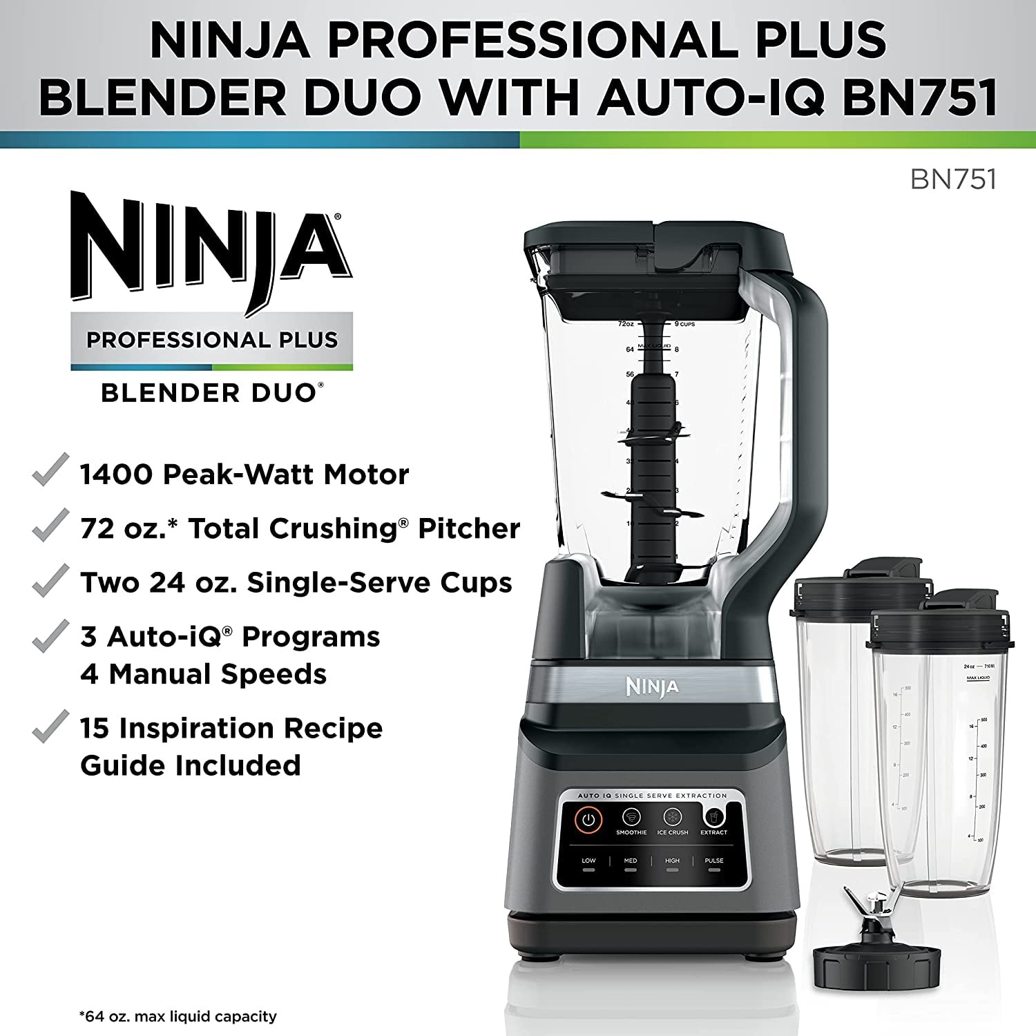 Ninja BN751 Professional Plus DUO Blender, 1400 Peak Watts, 3 Auto-IQ Programs for Smoothies, Fro... | Amazon (US)