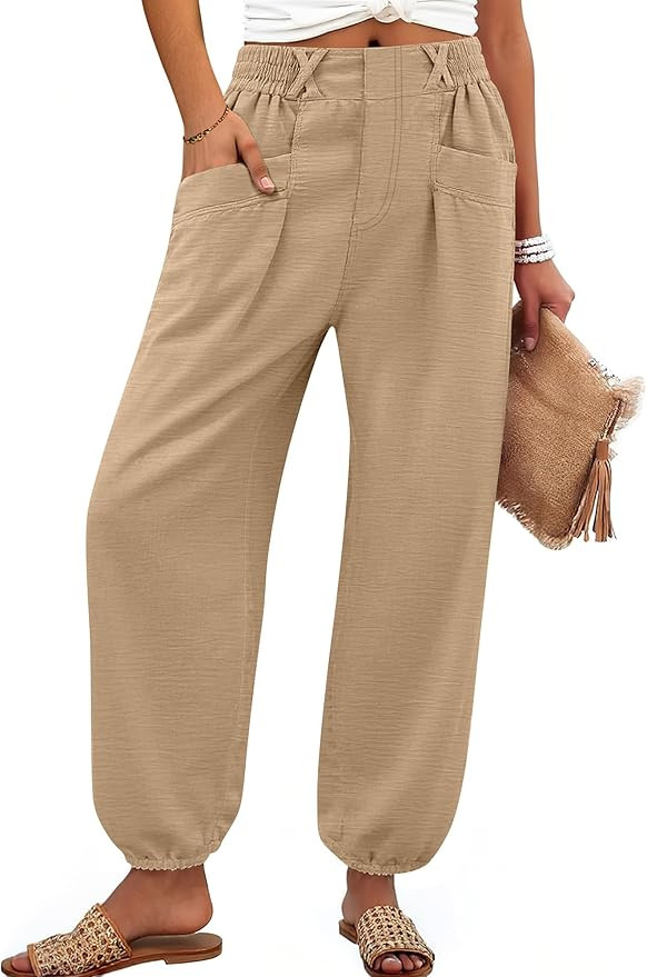ANRABESS Womens Pants Elastic Waist Summer Casual Harem Barrel Lounge Work Slacks Cropped Beach V... | Amazon (US)