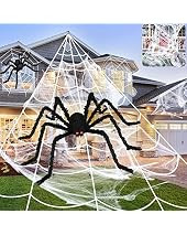Halloween Spider Decorations, 220" Spider Web + 60" Giant Spider, 300sqft Stretchy Cobwebs, 25pcs Fa | Amazon (US)