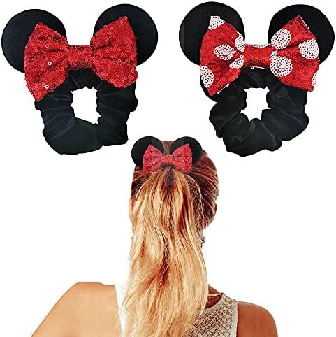 Styla Hair 2pk Mouse Ear Scrunchies for Kids Velvet Hair Bow Scrunchies for Women - Sparkle Sequins Mouse Hair Bands for Pony Tail (Red Pink Polka Dot) | Amazon (US)