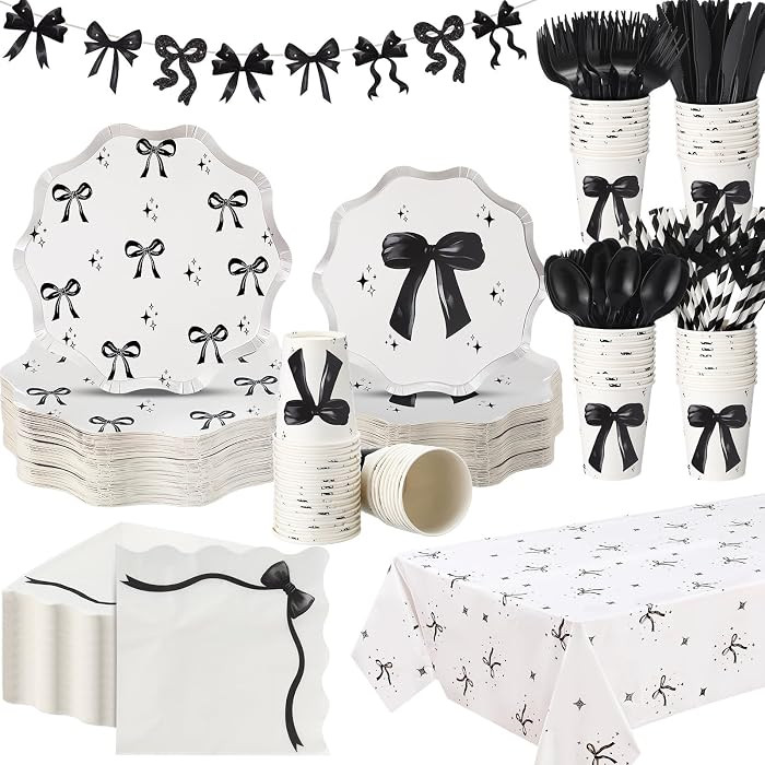 Sawysine 202 Pcs Black Bow Party Supplies Disposable Dinnerware Set 50 Plates 25 Cups 25 Napkins ... | Amazon (US)