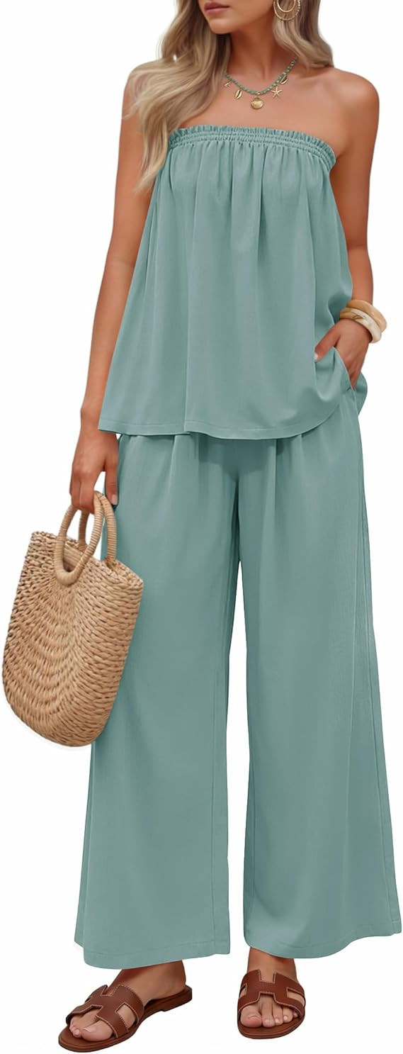 ZESICA Women's Summer 2 Piece Sets 2026 Spring Casual Strapless Tube Top Wide Leg Pants Ruffle Be... | Amazon (US)