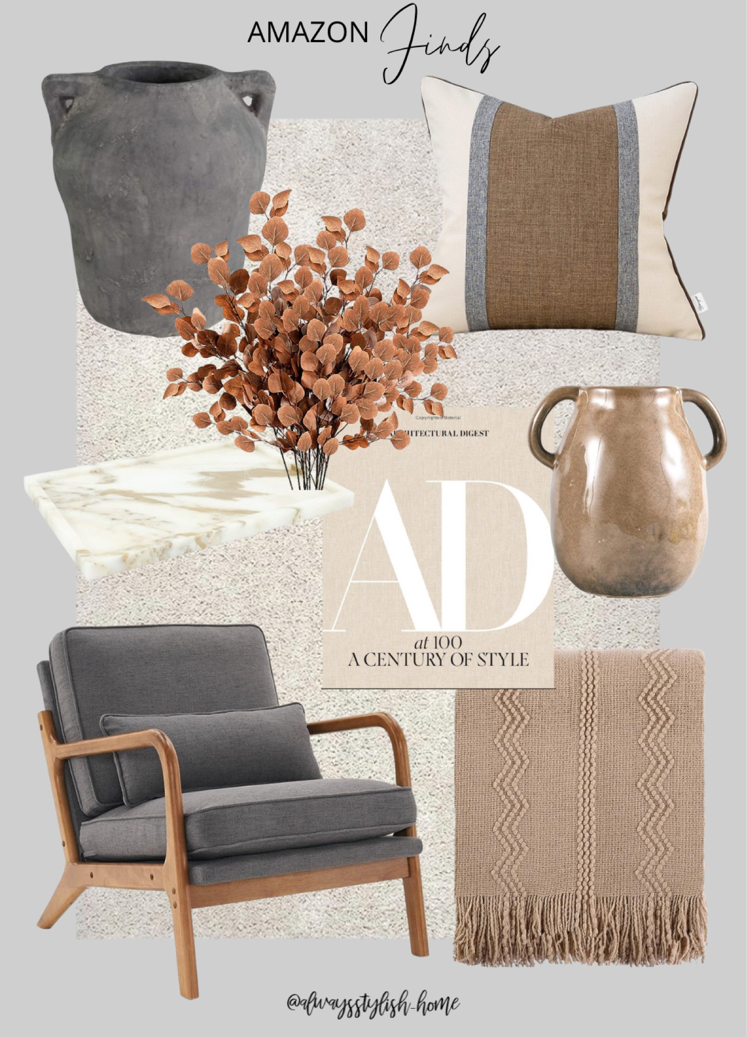 living room inspo, neutral decor, grey tan cream beige decor, accent pillow, gray vase, brown eucalyptus, AD coffee table book, marble tray, beige vase, cream rug, gray accent chair, beige throw blanket, amazon finds #founditonamazon

#LTKSeasonal #LTKhome