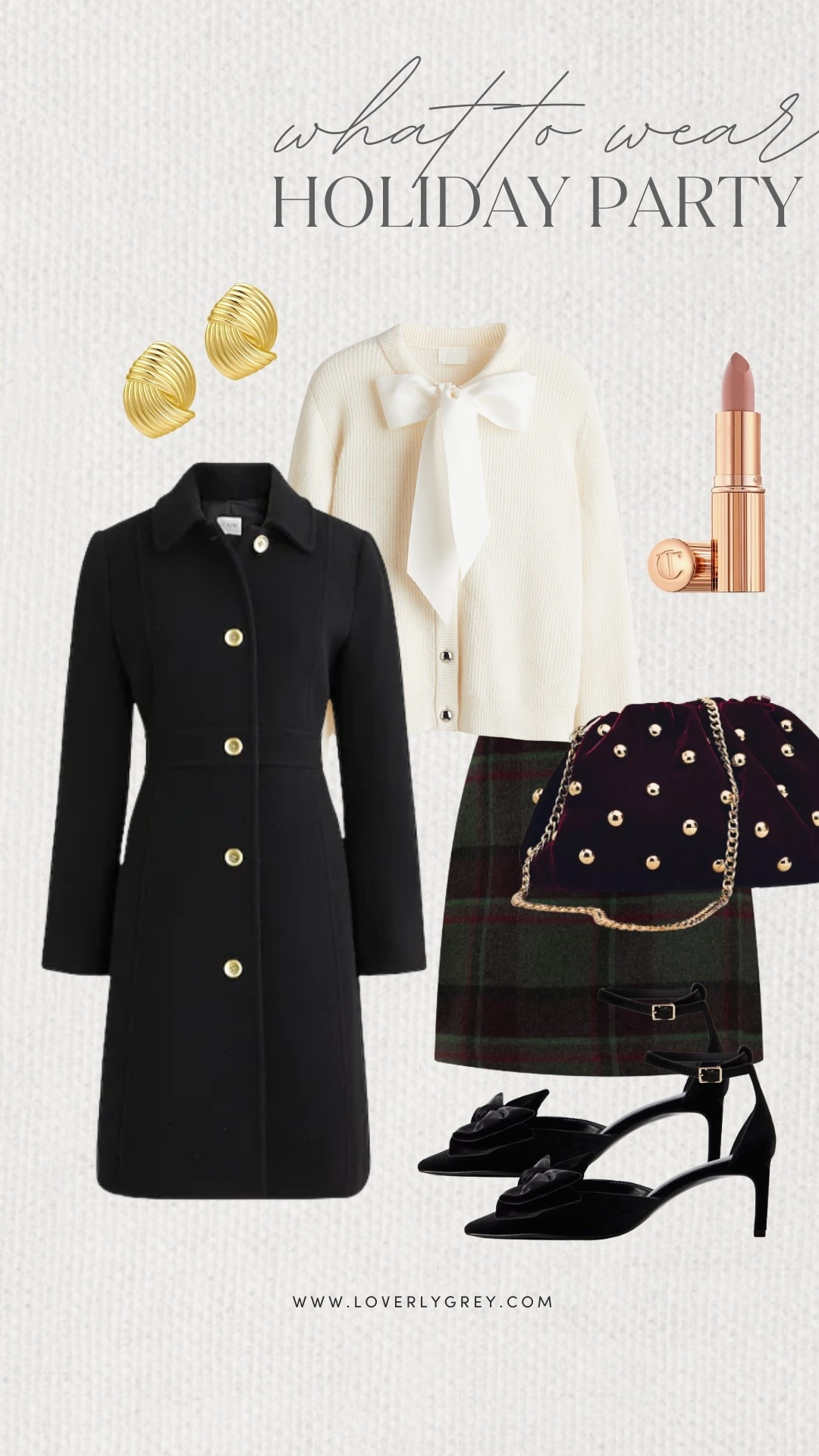 Loverly Grey, what to wear to a holiday party! I am loving this H&M cardigan with the big bow detailed paired with a plaid skirt and layered underneath a black coat. I accessorized the look with black heels, an Anthropologie purse, and gold earrings! 

#LTKStyleTip #LTKHoliday #LTKFindsUnder100
