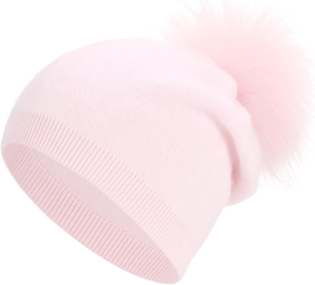 Women's Double Layers Real Fur Pom Pom Cashmere Slouchy Beanie for Winter Pom Pom Knit Beanie Skull  | Amazon (US)