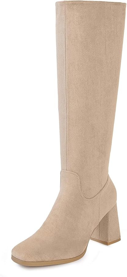 Shoe'N Tale Knee High Boots for Women Square Toe Tall Boots High Chunky Block Heeled Side Zipper | Amazon (US)