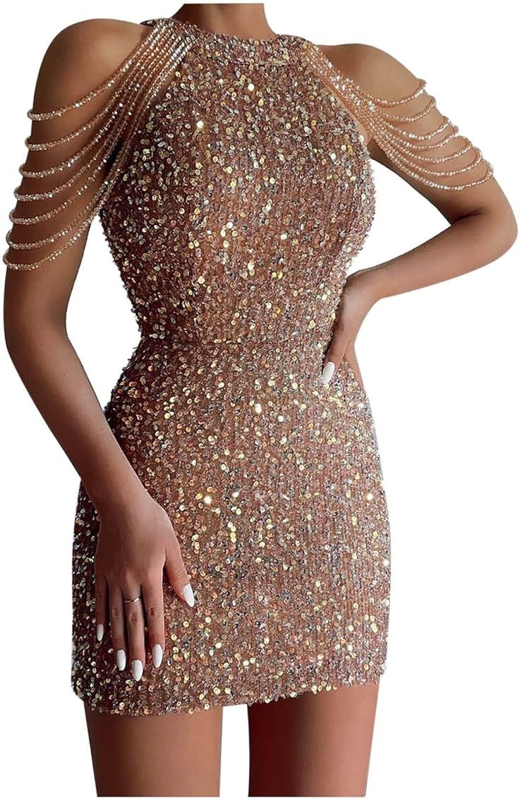 Women's Cocktail Dresses Sleeveless Backless Sequin Evening Party Formal Dress Elegant Sexy Off Shou | Amazon (US)