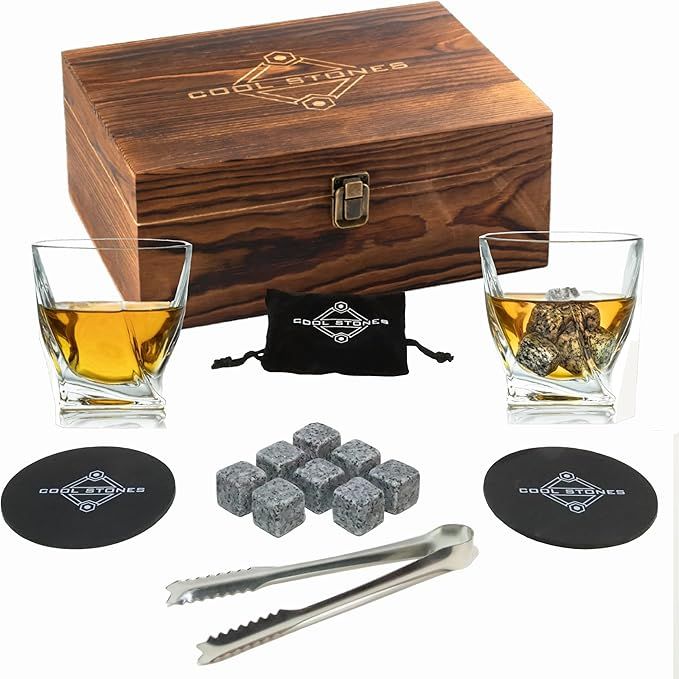 Cool Stones Whiskey Glass Gift Set - 2 Whiskey Glasses and Whiskey Stones with Tongs in Velvet Ba... | Amazon (US)