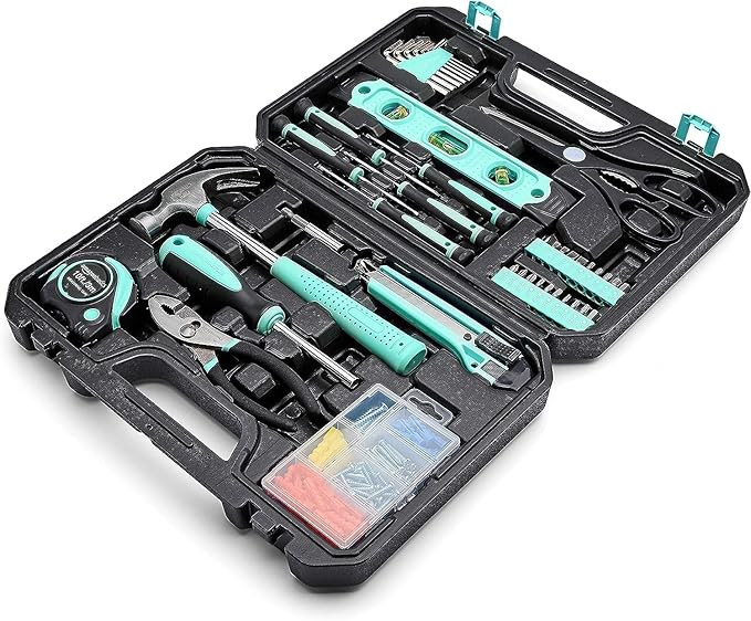 Amazon Basics Household Tool Kit With Storage Case, 142 Piece, Turquoise, 13.39 x 9.25 x 2.95 inc... | Amazon (US)
