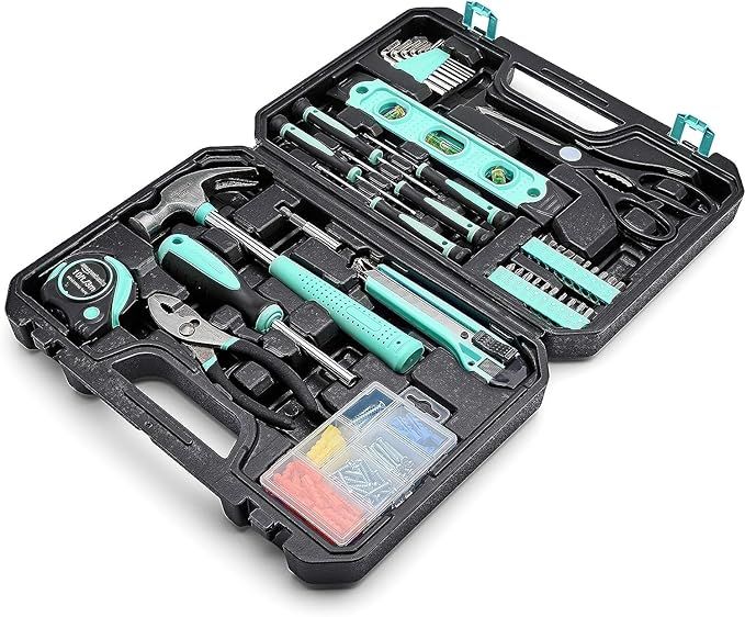 Amazon Basics Household Tool Kit With Storage Case, 142 Piece, Turquoise, 13.39 x 9.25 x 2.95 inc... | Amazon (US)