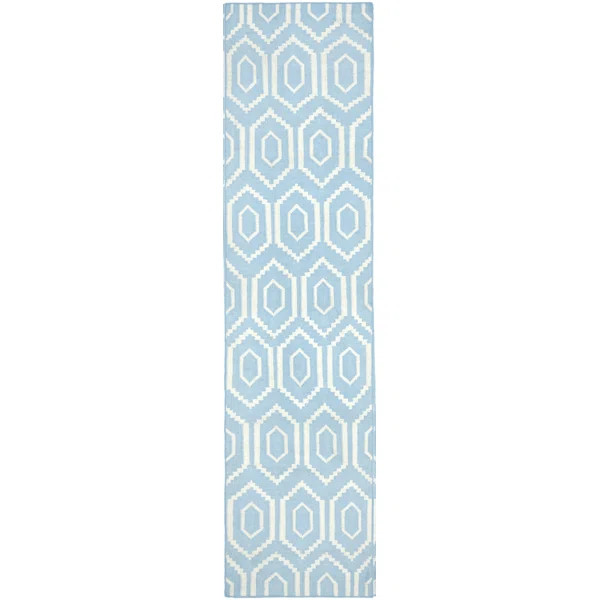Dhurries Hand Woven Flat Weave Wool/Cotton Geometric Rug in Ivory/Blue | Wayfair North America