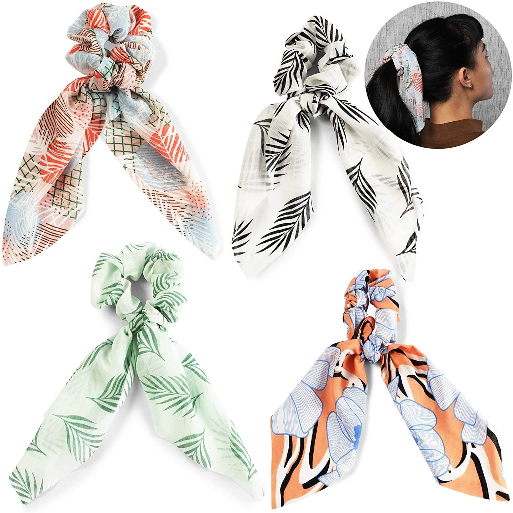4-Piece Long Bowknot Hair Scrunchies, Chiffon Elastic Hair Scarfs Secure Ponytails, Braids, Half ... | Walmart (US)