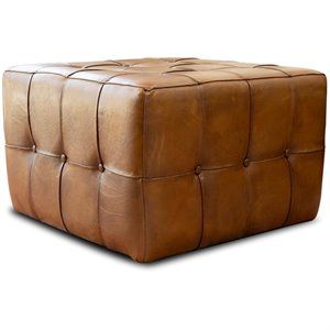 Pemberly Row Mid-Century 27.5-inch Square Genuine Leather Ottoman in Tan | Cymax