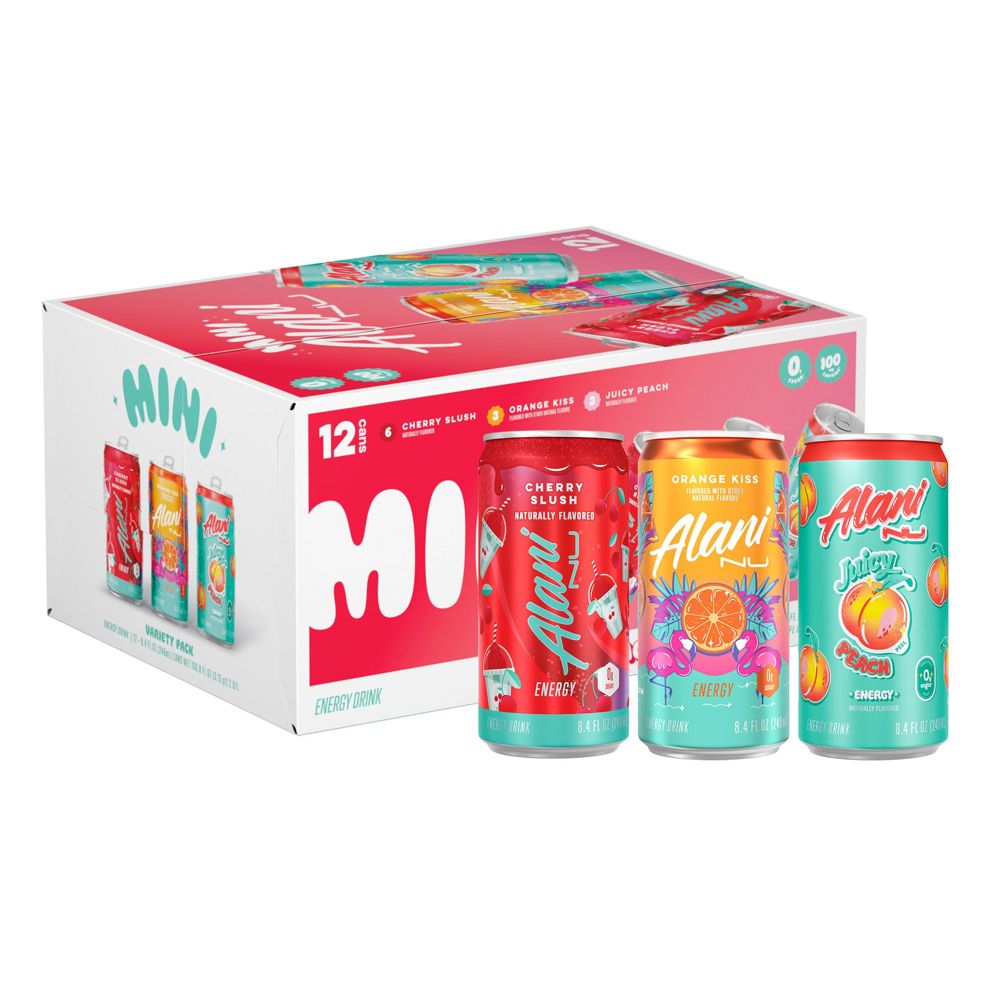 Alani Nu VARIETY PACK (CHERRY SLUSH, JUICY PEACH, ORANGE KISS), Low Calorie Energy Drinks, 100mg Caffeine, Biotin, B Vitamins, Zero Sugar, 10 Calories or Less, 8 Fl Oz Cans, 12 Pack | Amazon (US)