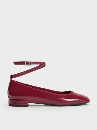 Patent Ankle-Strap Ballet Flats
 - Burgundy | Charles & Keith US