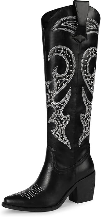 wetkiss Knee High Cowboy Cowgirl Boots for Women, with Unique Embroidery, Side Zipper and Chunky ... | Amazon (US)