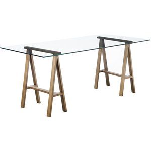 Pangea Home Brady Metal Desk with Glass in Brushed Brass | Homesquare