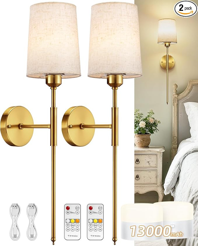 Battery Operated Wall Sconce, Gold Rechargeable Wall Sconces 13000 mAh Battery Powered Sconces Wi... | Amazon (US)