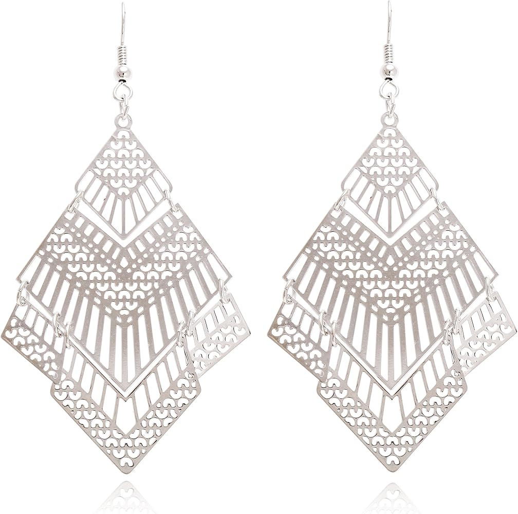 Boho Geometric Filigree Rhombus Shape Tiered Dangle Drop Statement Earrings | Amazon (US)