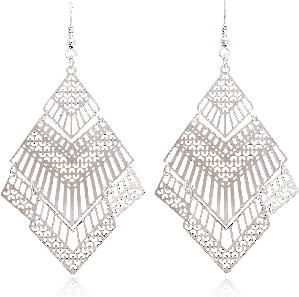 Boho Geometric Filigree Rhombus Shape Tiered Dangle Drop Statement Earrings | Amazon (US)