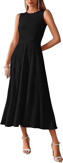 BTFBM Women Tank Midi Dress Summer Crewneck Sleeveless Pleated A Line Business Casual Formal Swea... | Amazon (US)
