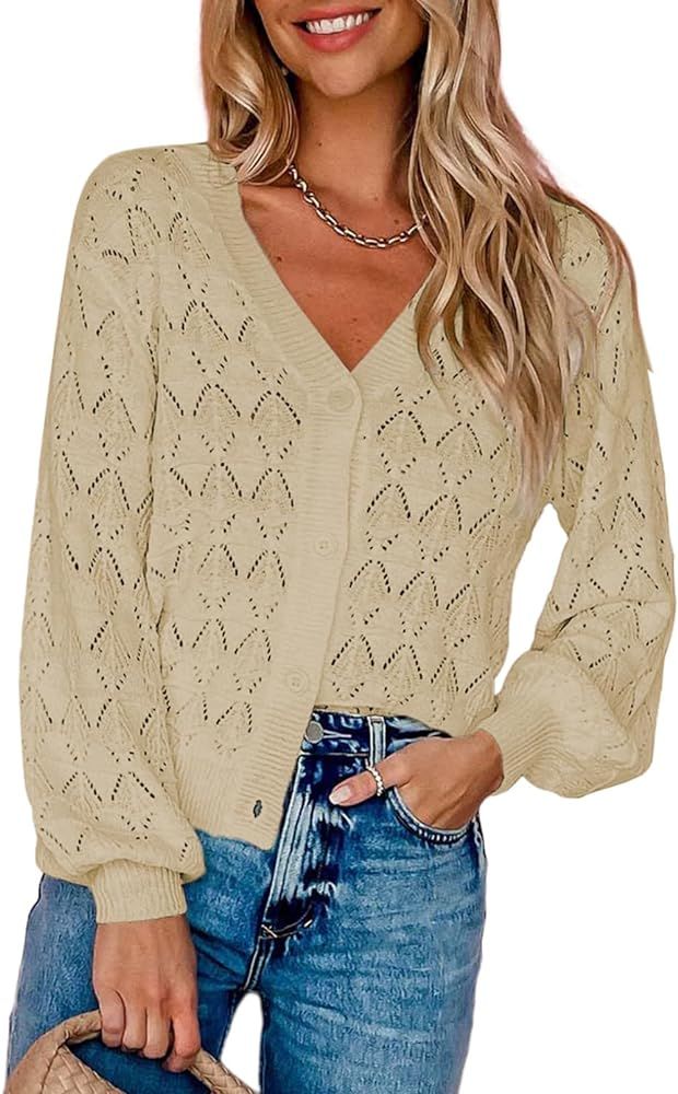 Dokotoo Cropped Cardigan Sweaters for Women Long Sleeve Crochet Knit Shrug Open Front V-Neck Butt... | Amazon (US)