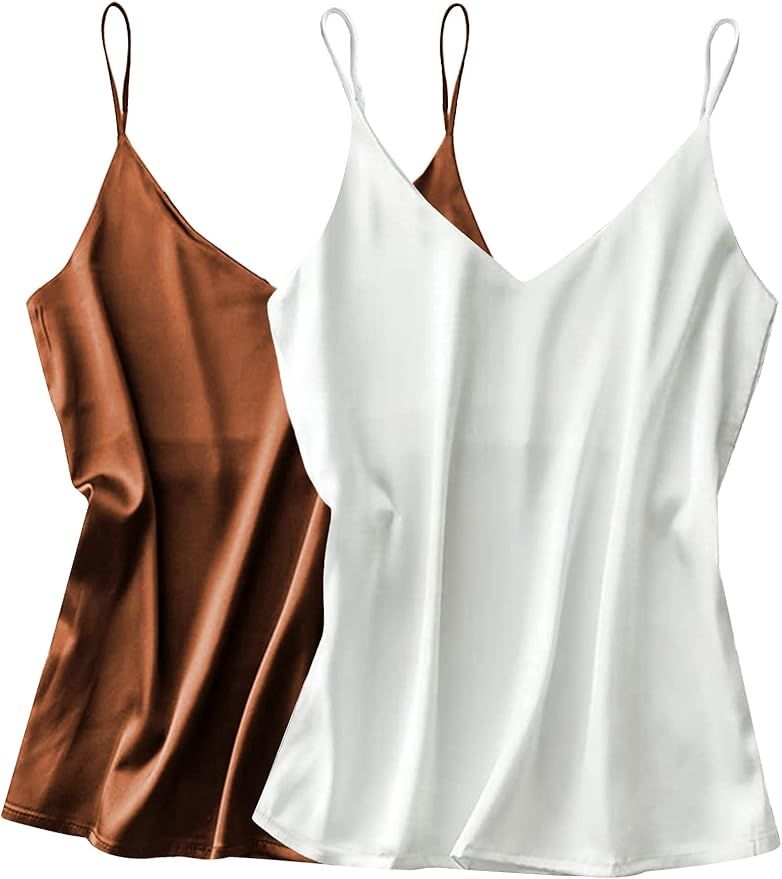 Ekouaer Womens Silk Satin Tank Top V Neck Camisole 2 Pack Spaghetti Strap Cami Loose Sleeveless B... | Amazon (US)