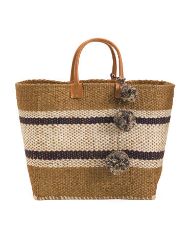 Handmade Large Cyprus Woven Basket Tote With Leather Handles | TJ Maxx