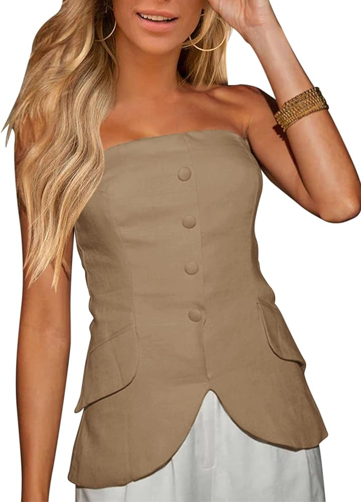 Fallorchid Women's Non functional Button Front Strapless Sleeveless Tops Vest Casual Split Hem Tu... | Amazon (US)
