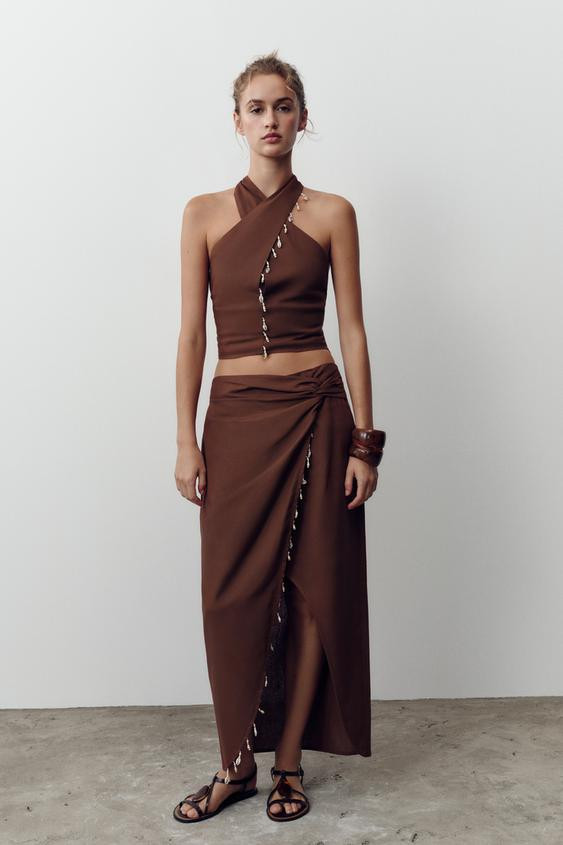 MIDI SKIRT WITH LINEN BLEND AND SHELLS | Zara UK