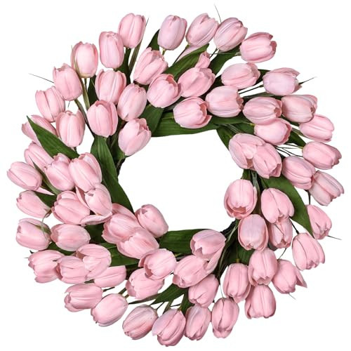 24 Inch Tulip Spring Wreath for Front Door Summer Silk Wreath with Green Leaves Artificial Tulip Flower Wreaths for All Seasons Farmhouse Porch Wall Living Room Home Widding Decor-Pink | Amazon (US)