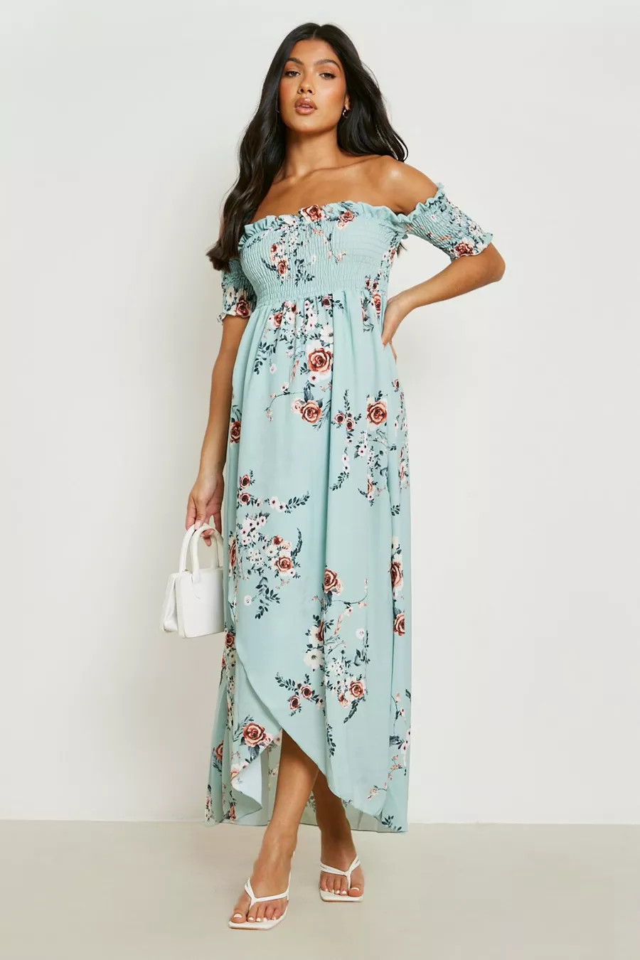 Maternity Floral Shirred Off Shoulder Maxi Dress | Boohoo.com (US & CA)