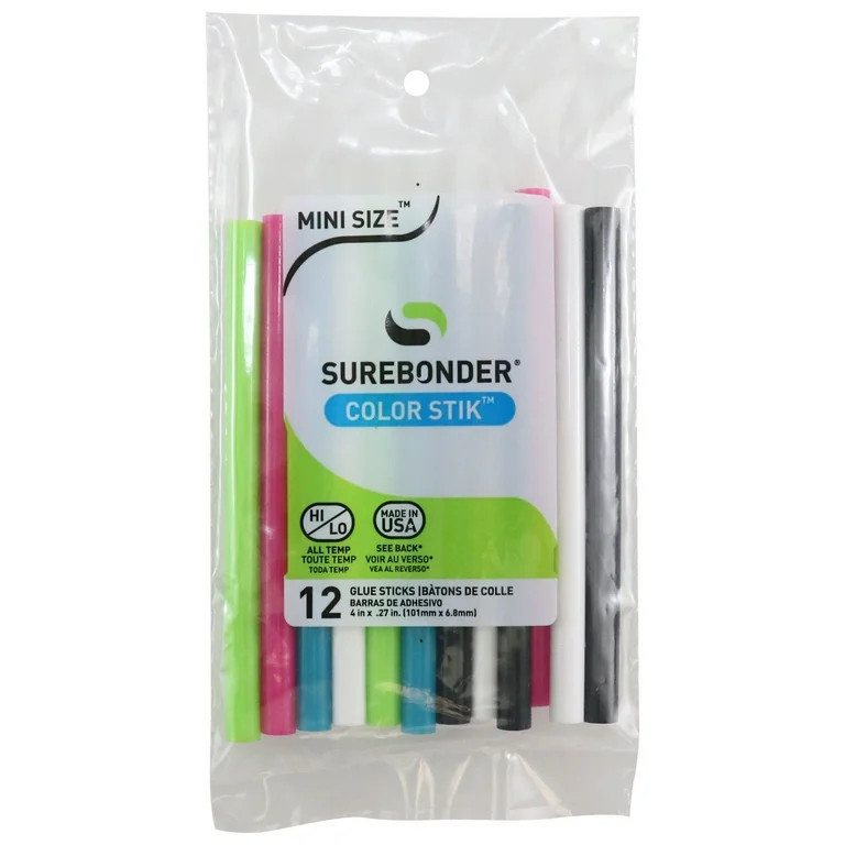 Surebonder CO-12V Mini (5/16") Assorted Colored 4" Hot Melt Glue Sticks - 12 Count | Walmart (US)