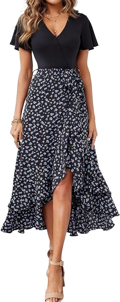 BTFBM Women Maxi Summer Dresses 2024 Short Sleeve V Neck Boho Floral Print Belted High Low Ruffle... | Amazon (US)