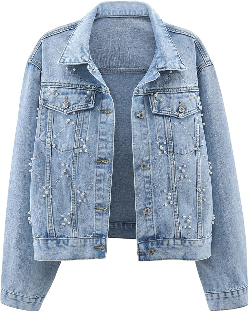 Kedera Women's Oversized Denim Jacket Trendy Lightweight Embroidered Short Rivet Pearls Beaded Je... | Amazon (US)