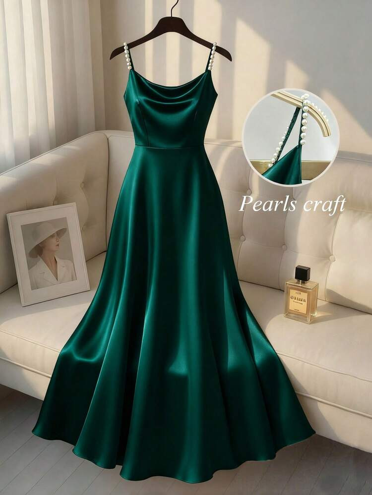 SHEIN Franclia Women's Elegant Satin Sheen Pearl Slip Dress, A-Line Silhouette, Suitable For Commute, Party, And Events | SHEIN