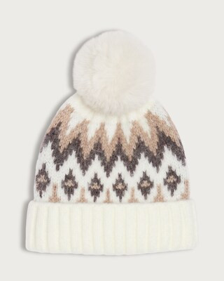 F&F Knitted Fair Isle Pattern Pom Pom Beanie Hat in Neutral | Tesco F&F