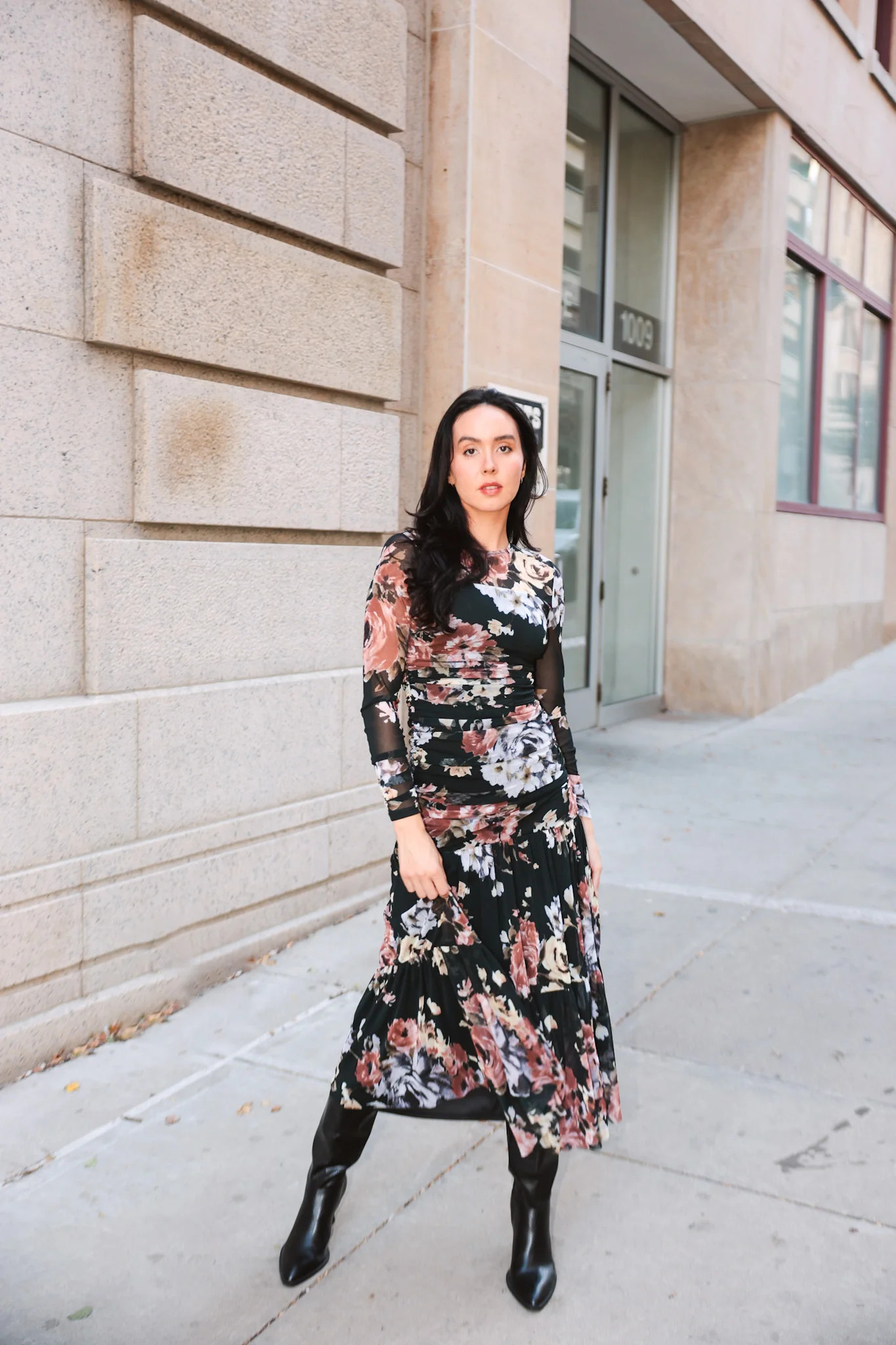 Floral Mesh Ruched Midi Dress | Ardire Collection