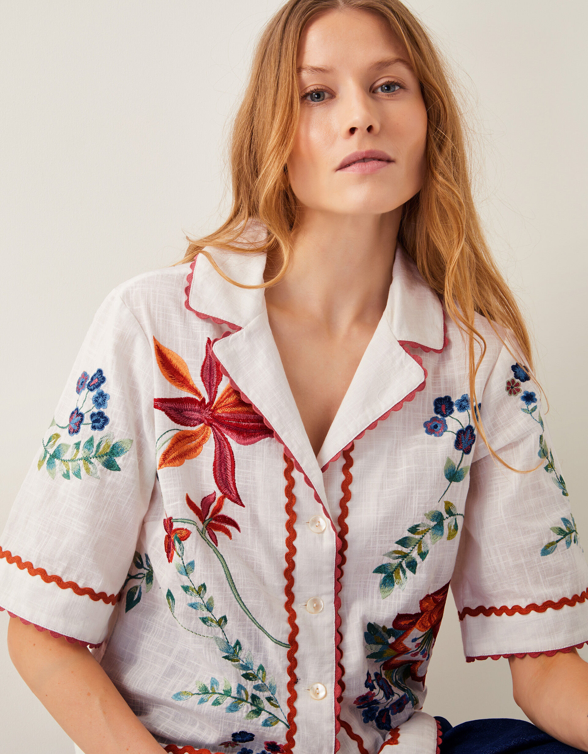 Delphi Floral Embroidered Cotton Shirt White | Monsoon (UK)