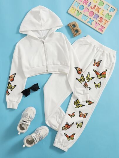 SHEIN Girls Zipper Front Butterfly Print Sweatshirt & Joggers Set | SHEIN
