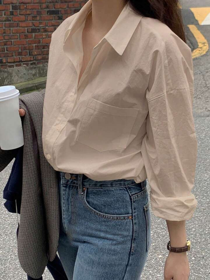 DAZY Solid Color Button-Front Casual Shirt With Pockets, Long Sleeve | SHEIN